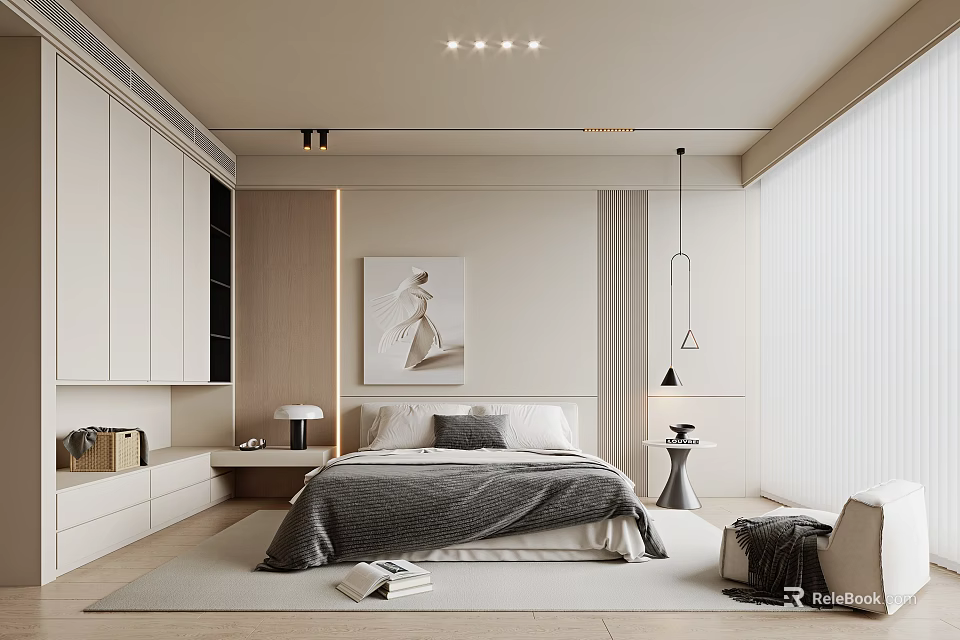 Modern Elegant Bedroom Interior With Large Bed Gray Blanket Pillows Wall Art And Table Lamp 3d model 