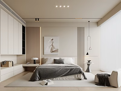 Modern Elegant Bedroom Interior With Large Bed Gray Blanket Pillows Wall Art And Table Lamp 3d model