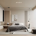 Modern Elegant Bedroom Interior With Large Bed Gray Blanket Pillows Wall Art And Table Lamp