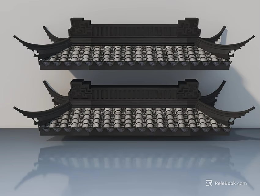 Traditional Chinese Black Sofa and Coffee Table Set with Tile Roof Design and Reflection 3d model 