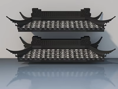 Traditional Chinese Black Sofa and Coffee Table Set with Tile Roof Design and Reflection 3d model