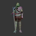 Standing Armored Knight Character Wearing Steel Armor Holding Long Sword in Gray Background