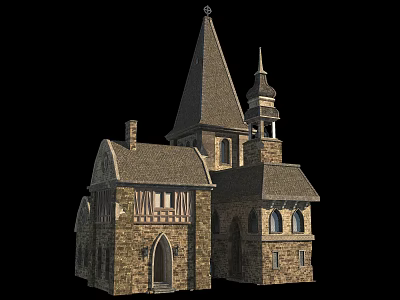 Historic Architecture With Stone Walls Steeple Roof Tower Arched Windows And Wooden Beams 3d model