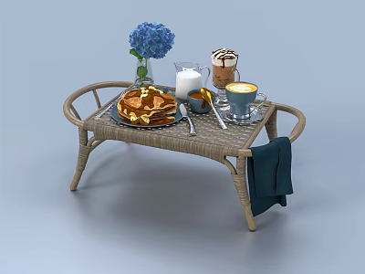 Golden Waffles and Creamy Coffee on Wicker Table with Milk Jug Blue Hydrangea and Utensils 3d model