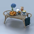 Golden Waffles and Creamy Coffee on Wicker Table with Milk Jug Blue Hydrangea and Utensils
