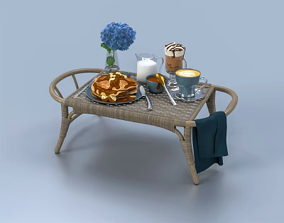 Golden Waffles and Creamy Coffee on Wicker Table with Milk Jug Blue Hydrangea and Utensils 3d model