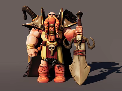 Muscular Man with Horned Helmet Long Red Beard Holding Large Sword Skull Decoration and Cloak 3d model