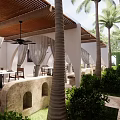 Elegant Outdoor Cabana Space With Palm Trees Arched Curtains And Dining Seating