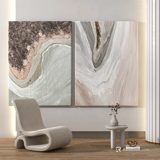 Abstract Wall Art Paintings With Flowing Neutral Tones And Gold Accents For Interior Decor 3d model 