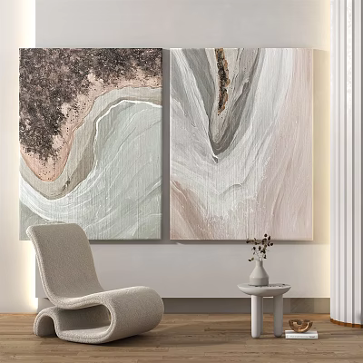 Abstract Wall Art Paintings With Flowing Neutral Tones And Gold Accents For Interior Decor 3d model