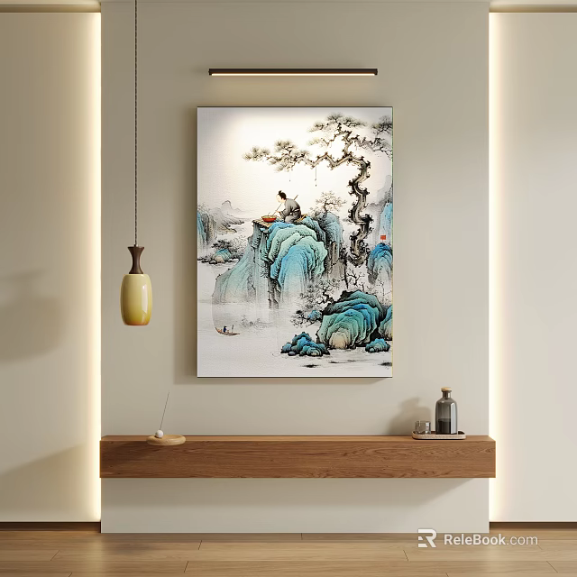 Abstract Painting With Blue Green Mountain Elements In Modern Interior Wall Decor 3d model