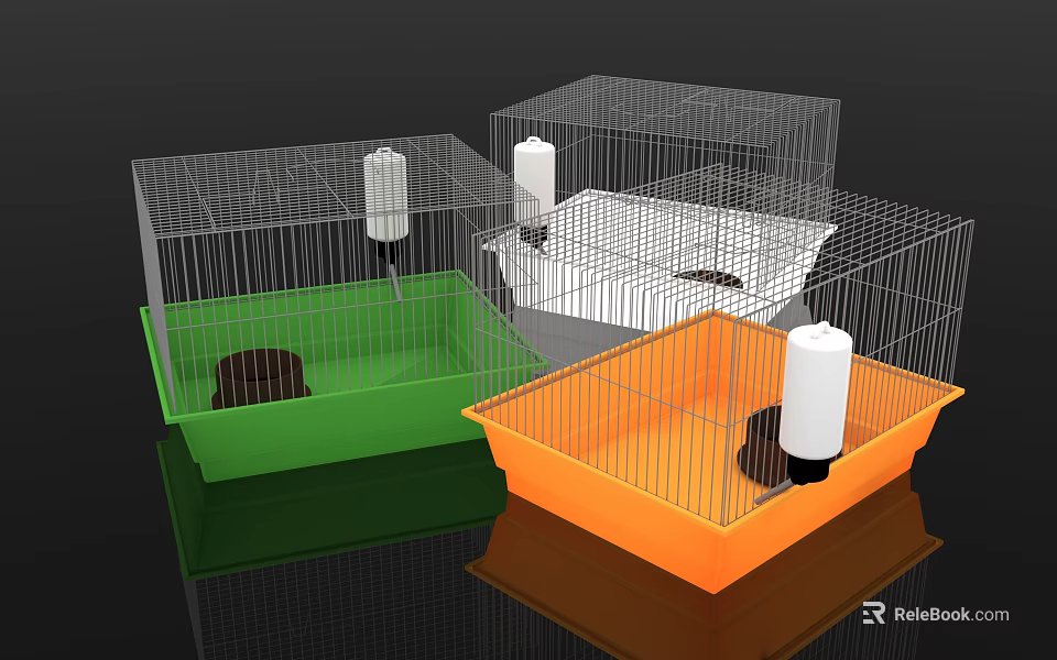 Colorful Pet Cages With Wire Mesh Plastic Base Green Orange White And Water Bottle 3d model 
