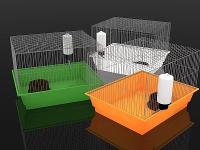 Colorful Pet Cages With Wire Mesh Plastic Base Green Orange White And Water Bottle 3d model