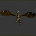 Mythical Dragon With Brown Wings And Blue Horns Standing On Gray Background With Reflection