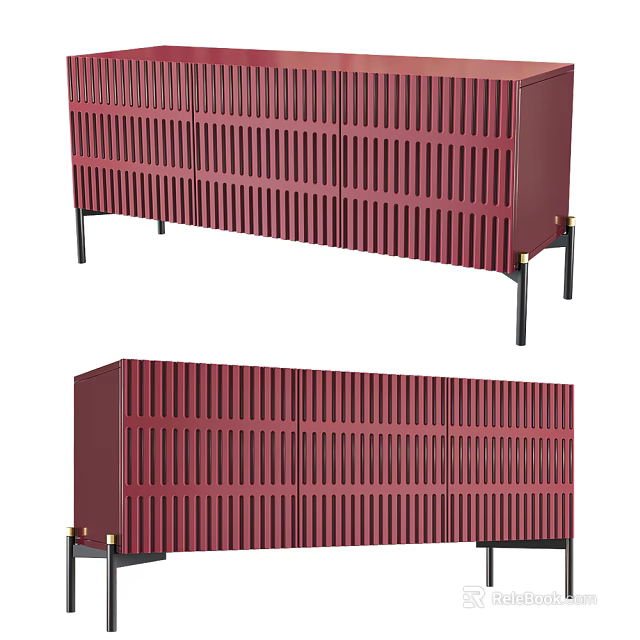 Modern Entryway Side Cabinet With Vertical Slat Design And Black Legs 3d model 