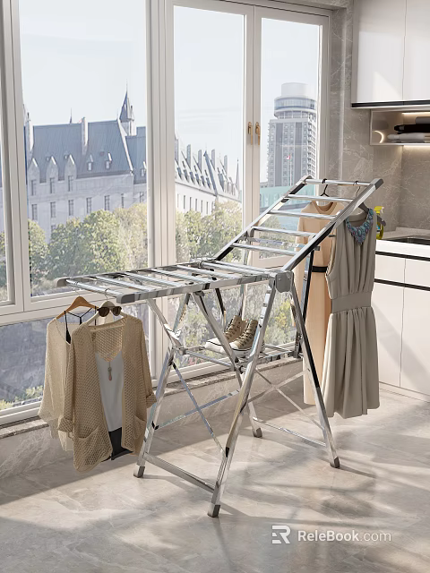 Silver Metal Clothes Drying Rack Foldable Design Near Window With Dresses And Cardigans 3d model 