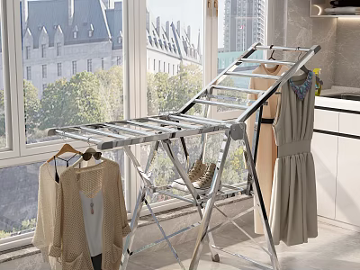 Silver Metal Clothes Drying Rack Foldable Design Near Window With Dresses And Cardigans 3d model