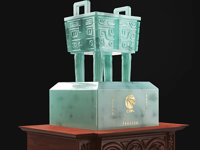 Jade Trophy with Intricate Traditional Patterns Golden Emblem on Square Base Displayed on Wooden Pedestal 3d model