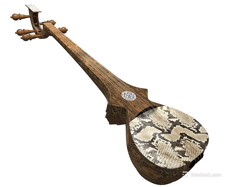 Traditional Handcrafted Wooden String Instrument With Carved Pattern And Snakeskin Panel 3d model 