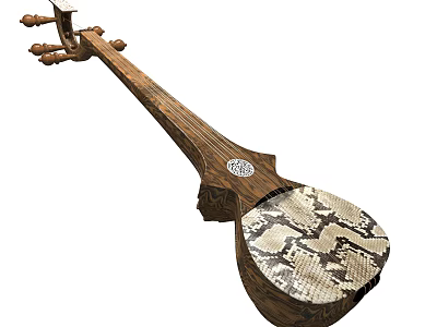 Traditional Handcrafted Wooden String Instrument With Carved Pattern And Snakeskin Panel 3d model