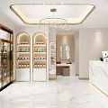 Bright Shop Front Desk with Marble Counter White Gold Decor Chandelier and Product Shelves