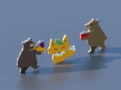 Cute Cartoon Animal Figurines With Bear Fox Holding Colorful Items 3d model