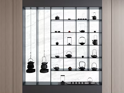 Modern Tea Sets Displayed In Glass Display Cabinet With Marble Backdrop 3d model