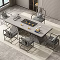 Modern Tea Table and Grey Upholstered Chairs with Marble Top and Tea Set 3d model