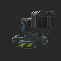 Mechanical Automatic Turret Weapon With Multi Legged Base And Yellow Black Warning Stripes