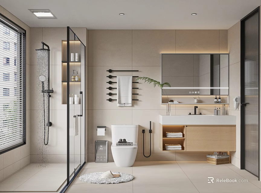 Modern Minimalist Bathroom Interior With Glass Shower Vanity Mirror And Towel Rack 3d model 