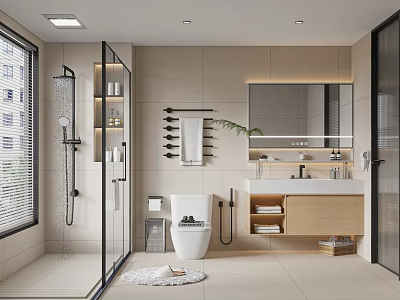 Modern Minimalist Bathroom Interior With Glass Shower Vanity Mirror And Towel Rack 3d model