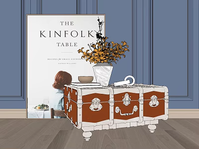 Vintage Trunk with White Vase Yellow Flowers and Kinfolk Table Book on Wooden Floor 3d model