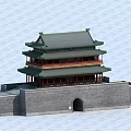 Ancient Chinese Architecture Multistory Tower With Green Roof Red Pillars Stone Base And Arch Doorway