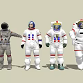 Four Astronaut Men Wearing Different Spacesuits Standing In Staged Group Pose 3d model