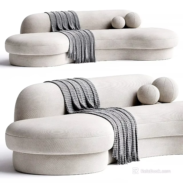 Light Colored Modern Sectional Sofa with Curved Lines Gray Striped Throw Blanket and Round Pillows 3d model 