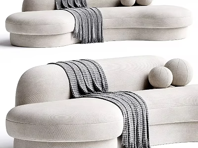 Light Colored Modern Sectional Sofa with Curved Lines Gray Striped Throw Blanket and Round Pillows 3d model