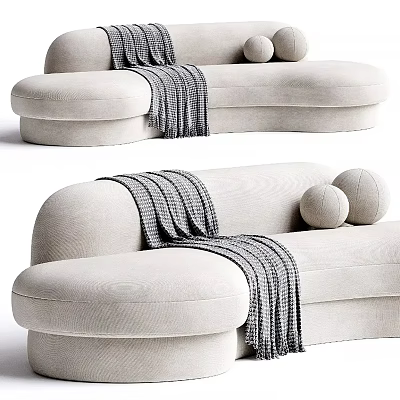 Light Colored Modern Sectional Sofa with Curved Lines Gray Striped Throw Blanket and Round Pillows 3d model