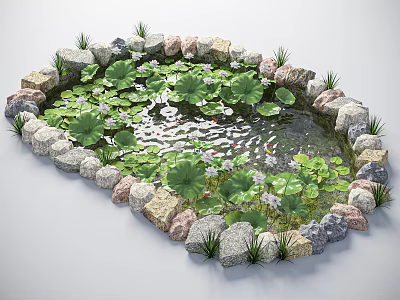 Serene Waterfront Landscape With Stone Border Lily Pads And Water Lilies 3d model