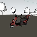 Red Electric Scooter Parked On Urban Plaza With City Buildings And Green Trees
