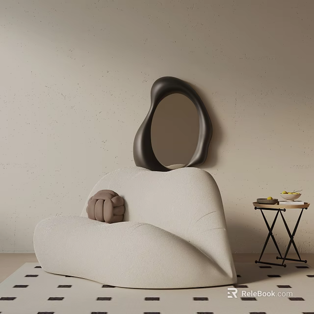 Modern Cream Colored Leisure Chair In Minimalist Interior With Unique Black Mirror And Side Table 3d model 