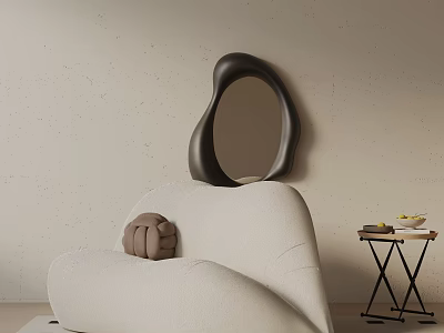 Modern Cream Colored Leisure Chair In Minimalist Interior With Unique Black Mirror And Side Table 3d model