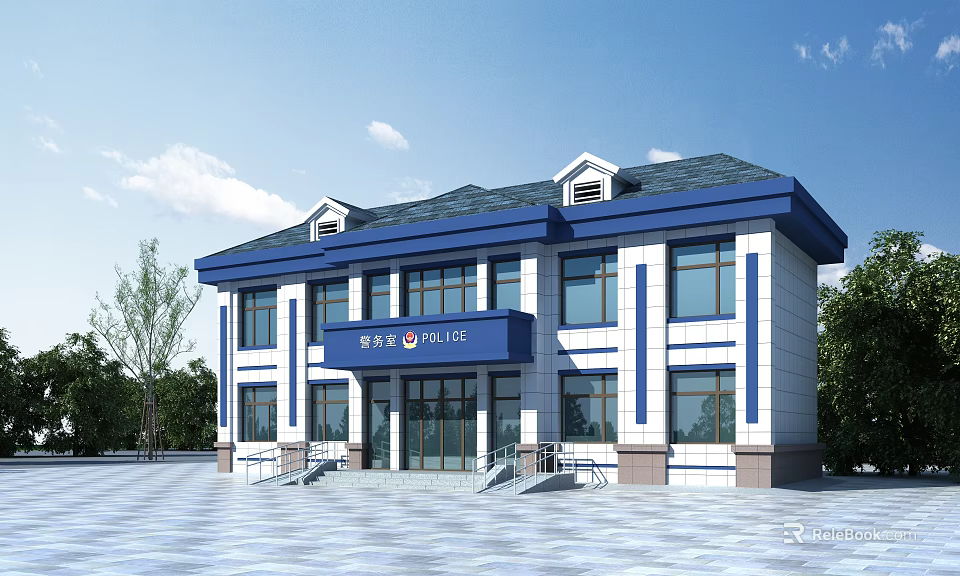Blue And White Police Station Building With Two Story Structure Dark Roof And Front Square 3d model 