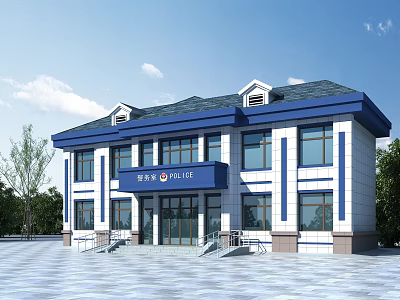 Blue And White Police Station Building With Two Story Structure Dark Roof And Front Square 3d model