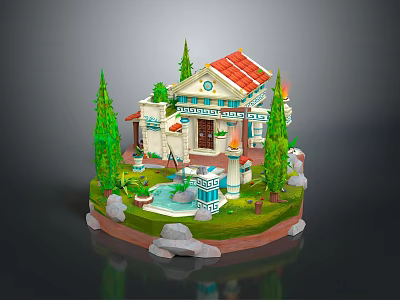 3D House Model With Red Roof White Walls Green Trees Garden Pool And Stones 3d model