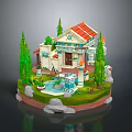 3D House Model With Red Roof White Walls Green Trees Garden Pool And Stones