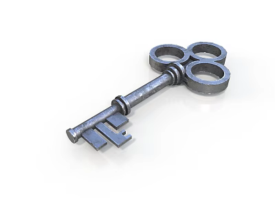 Antique Metal Key Featuring Three Circular Top Rings And Handle 3d model
