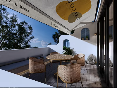Cozy Home Balcony With Retractable Awning Wicker Chairs Round Table And Green Plants 3d model