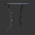 Round Blue Side Table With Intricate Carved Lace Design And Metal Legs