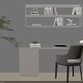 Modern Minimalist Desk With Chair Green Plant Tablet And Wall Shelf Including Books Decorations