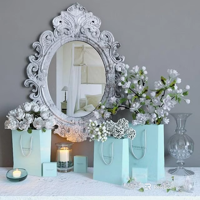 Ornate White Mirror with Intricate Frame and Decorative Floral Arrangements 3d model 
